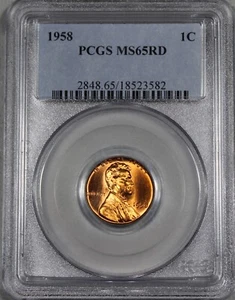 1958 P LINCOLN CENT GRANO PENNY PCGS MS65RD UNC MS 65 RD CERTIFICATO #18523582 - Foto 1 di 2