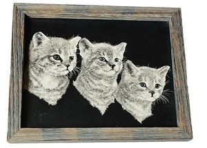 3 LITTLE KITTENS ETCHING CHAPLAN SIGNED FRAME BARN WOOD CHIC 1970s CAT KITTY ART - Picture 1 of 9