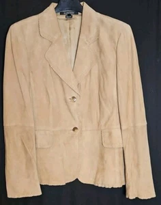 ELLEN TRACY Brown Solf Suede Leather Laced Eyelet Detail Blazer Jacket Size 12 - Picture 1 of 5