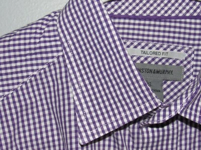 JOHNSTON & MURPHY Mens Sz Small Button Up Shirt Purple White Check Tailored Fit - Image 1 of 4