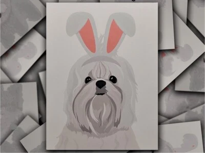 Maltese Hand-Drawn Easter Bunny Rabbit Dog Card with Envelope - Image 1 of 4