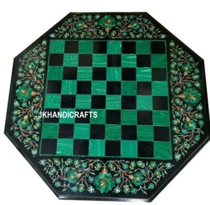 3'x3' Marble Chess Game Table Top Malachite Luxury Chess Pietra Dura Home Decor - Picture 1 of 2