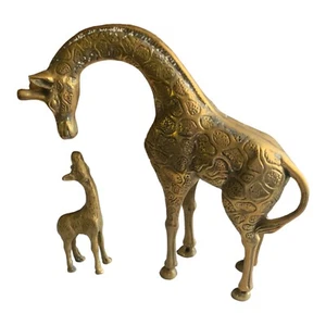 Brass Giraffe Pair Classic Momma & Baby  Elegant Retro Home Decor Accent Vintage - Picture 1 of 7