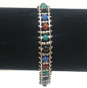 Multi-color round gemstone Bead Bracelet marked Milor Italy 925 sterling silver - Picture 1 of 21