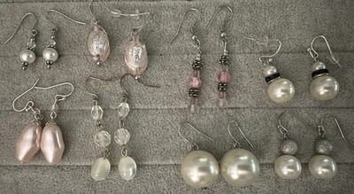 8 pares de aretes colgantes rosa blanco con cuentas imitación perla vidrio acrílico  Foto 1 de 4