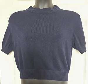 St. John Basics Medium Navy Blue Santana Knit SS Sweater Mock Neck Pullover FLAW - Picture 1 of 4