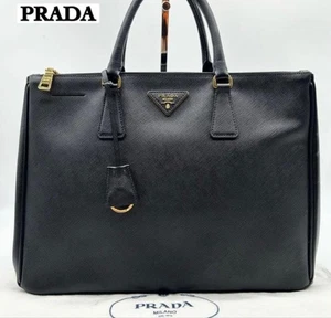 PRADA Saffiano Leather Handbag Black Triangle Logo Gold Hardware USED 1125C - Picture 1 of 10