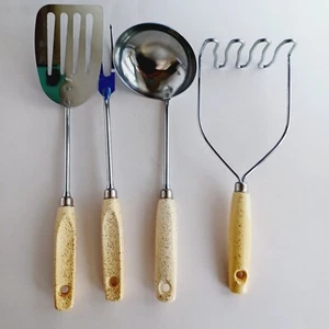 4 Vtg Ekco Utensils Yellow w Glitter Wood Handles Fork Smasher Ladle Spatula - Picture 1 of 6