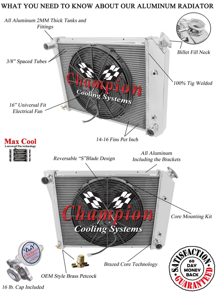 4 Row Kool Champion Radiator 20" Core W/ 16" Fan for 1968 - 1979 Chevrolet Nova Foto 1 de 4