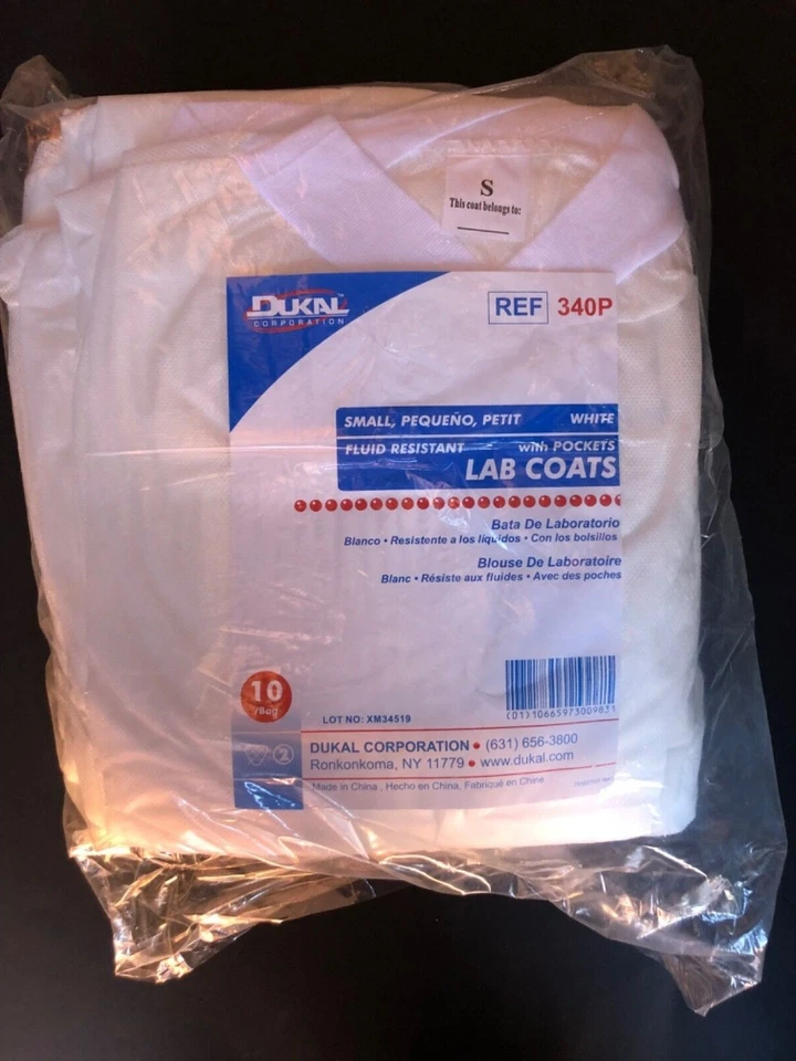 10 Count Bag - Dukal White Lab Coat with 3 Pockets Crew Neck (S, M, L, XL, 2XL) - Image 1 of 1