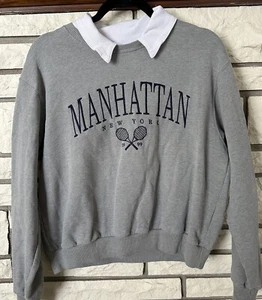 Hollister Manhattan New York Tennis Crew Neck With Collar Gray Sweatshirt Small - Picture 1 of 6