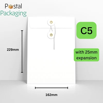 C5 (229x162mm) WHITE String and Washer 25mm GUSSET Envelopes Button Tie Reusable - Image 1 of 4