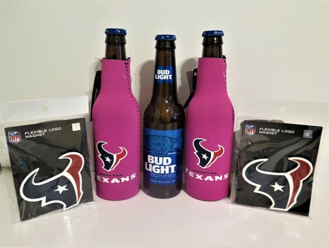 TWO (2) HOUSTON TEXANS NEOPRENE BOTTLE SUITS & TWO FLEXIBLE MAGNETS Cover