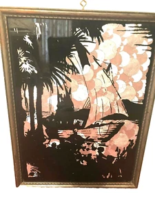 Art Deco umgekehrte bemalte Silhouette exotische Insel, Schiff Vintage Wandkunst Bild - Bild 1 von 2