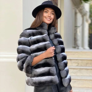 2024 Real Rex piel de conejo mujer abrigo chaqueta moda chinchillas chaqueta cuello - Imagen 1 de 4