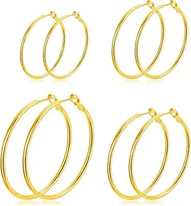 4 Pairs Hoop Earrings for Women 14K Gold Plated Set Hypoallergenic Lightweight - Picture 1 of 6