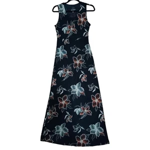 Vintage 90s Maxi Tank Dress Size 8 Black Floral Slinky Stretch Long - Picture 1 of 9