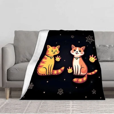 Cozy Flannel Blanket with Playful Cartoon Cats  Starry Floral Design - Soft Warm - Image 1 of 4