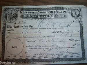 1920 BELEG FÜR GEBÜHREN DES UNABHÄNGIGEN ORDENS UNGERADER FELLOWS RGA SMITH OHIO #157 - Bild 1 von 2
