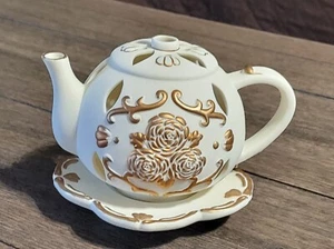 Partylite TEAPOT Tealight Candle Holder TEA TIME Luminary P7301 Porcelain Bisque - Picture 1 of 6