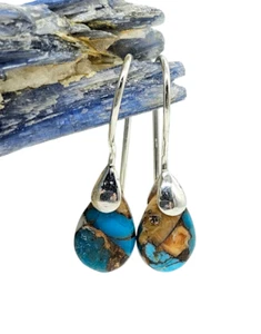 Orange and Blue Oyster Turquoise Earrings, Pear Shaped, Sterling Silver - Picture 1 of 6