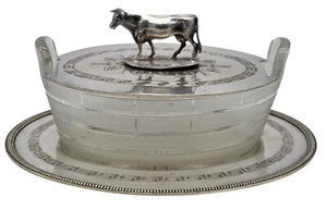 VINTAGE Silver Plate / Frosted Glass Covered Butter Dish & Tray COW Handle - Picture 1 of 7
