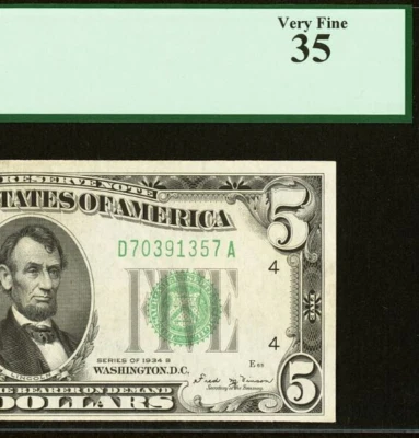 1934B $5 Federal Reserve Note PCGS 35 - Vinson Signature - Cleveland District - Image 1 of 3