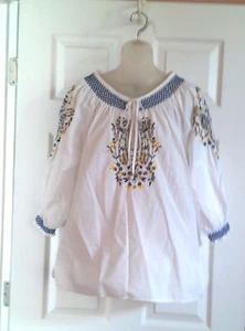 Multiples Embroidered Blouse XL Smocked Beaded String Tie 100% Cotton White - Picture 1 of 7