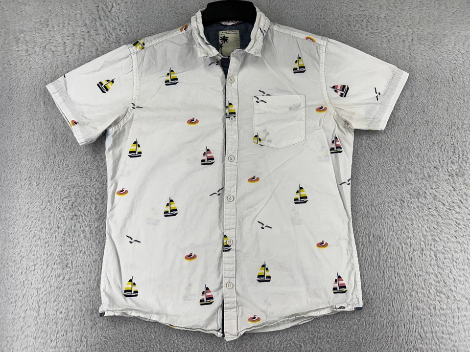 Camisa Free Planet Para Hombre Grande Blanca Velero Gaviota Estampado Completo Abotonable Foto 1 de 4