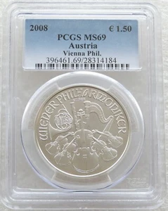 2008 Austria Vienna Philharmonic 1.5 Euro .999 Silver 1oz Coin PCGS MS69 - Picture 1 of 2