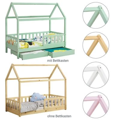 Kinderbett Hausbett Bett 80x160 cm Rausfallschutz Lattenrost Holz Juskys® - Bild 1 von 4