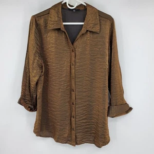 NWT Sara Michelle Bronze Metallic 3/4 Sleeve Collared Button Up Shirt Size 1X - Picture 1 of 9