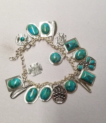 Jtv Turquoise Charm Bracelet 7.25"+1.1" Sterling Silver - Изображение 1 из 4