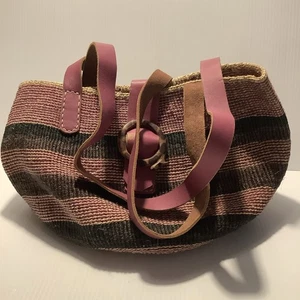 Tasche Beuteltasche Markt mehrfarbig Sisal Giraffe Schnalle 1980 Kenia Lederbesatz - Bild 1 von 5
