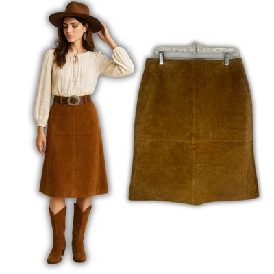 Falda Boho Western Lagenlook Marrón Línea A Vintage Gamuza Cuero Hasta la Rodilla 14 Foto 1 de 4