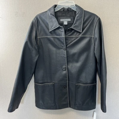 Jessica Holbrook Talla M Negro Cuero Cuello Abotonado Chaqueta Abrigo D1208313 Foto 1 de 4