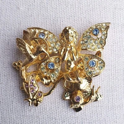 Broche de cristal vintage Kirks Folly tono dorado hada colibrí mariposa caracol Foto 1 de 4