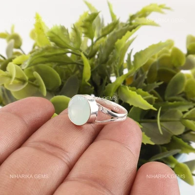 Rotondo Acqua Calcedonio Pietra Argento Anniversario Figlia Solitario Anello - Immagine 1 di 4