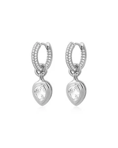 Luv Aj Pear Double Bezel Charm Dangle Huggie Hoop Earrings CZ Polished Rhodium - Picture 1 of 6