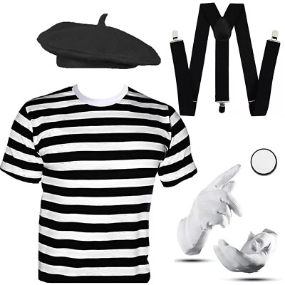 Kids French Man Mime Artist 5PC Set Hat, T-Shirt, Braces, Gloves & Face Paint - Image 1 of 4