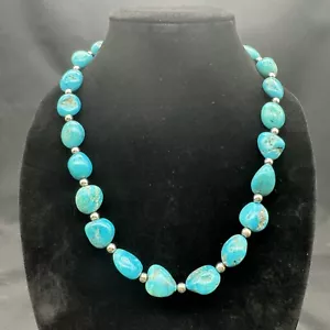 22" Turquoise Stone Nugget Necklace Sterling Silver Clasp & Beads 115 Grams - Picture 1 of 10