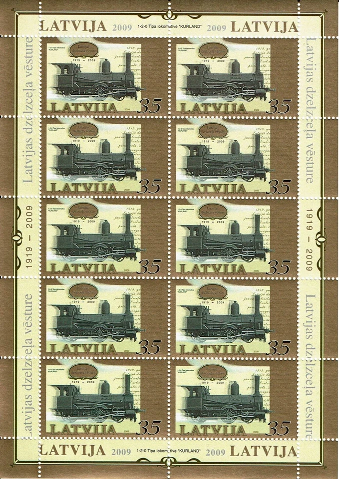Hoja de sello de LETONIA 2009 Historia de la locomotora de vapor ferroviaria letona Eisenbahn Foto 1 de 1