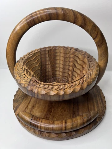 Vintage Collapsible Wooden Basket~Hand Carved~ 8 inch Cover