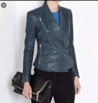 Helmut Lang Wrap Style Lamb Leather Jacket In Baltic Teal Sz P XS - Изображение 1 из 4