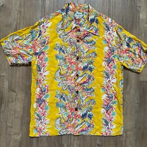 Vintage Kamehameha Men's Hawaiian Aloha Floral Yellow Camp Shirt Rayon Large