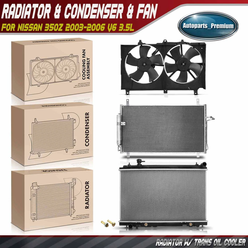 Nuevo kit de radiador y condensador de CA y ventilador de refrigeración para Nissan 350Z 2003-2006 V6 3,5 L Foto 1 de 4