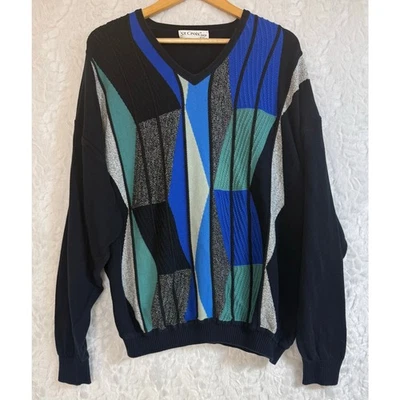 VTG 90s St. Croix V-neck Sweater Geometric 3D Knit Multicolor Grandpa Coogi XXL - Image 1 of 4