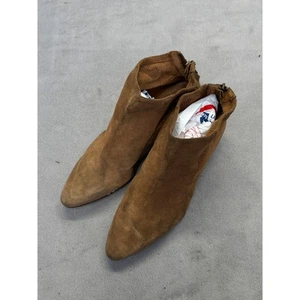 Aquatalia Brown Suede Pointed Toe Ankle Booties Side Zip Block Heel Made Italy - Picture 1 of 9