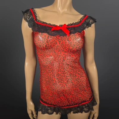 Red Leopard Print Sheer Mesh lingerie Top Size S Black Lace Trim Emo Scene Y2K Foto 1 de 4