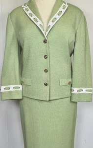 St John Knit suit jacket skirt green white trim gold logo buttons NWOT size 12 - Picture 1 of 5